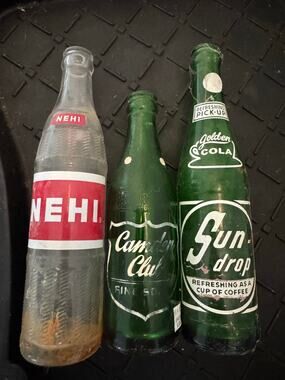 Vintage Lot of 3 ACL Glass Soda Bottles Nehi Camden Club Sun Drop Golden Cola